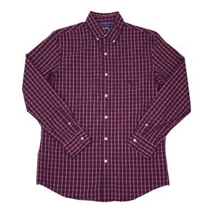Chaps Stretch Easy Care Red & Navy Plaid Long Sleeve Button-Down Shirt Small